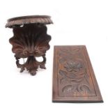A carved 19th Century oak wall hanging panel, along with mahogany wall hanging bracket/shelf with