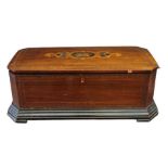 Late Victorian, Swiss made, six-bell music box with eight tunes in a mahogany inlaid case with