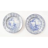 A pair of Davenport blue and white pudding dishes decorated with Italian Verandah pattern. Circa