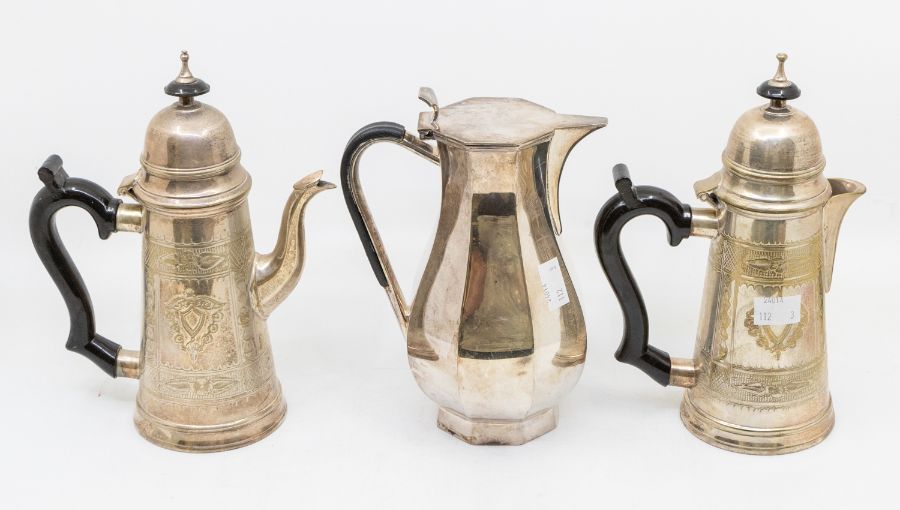 A Georgian style plated coffee and hot water jug ebony handles along with 1930's A1 silver plated