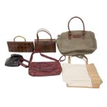 A collection of bags including: a snake harlequin design with chocolate brown leather and a metal