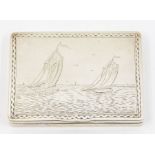 A George V silver snuff box, the cover engraved with a pair of Sailing Boats within stylized wave