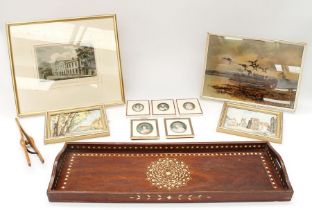 Collection of mid 20th century miniatures, prints, etching and lap tray