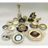 A collection of 19th century porcelain tea set items, hand-painted trios and pairs, Staffordshire