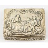 A German 800 standard silver large snuff box, the cover embossed with an 18th Century couple