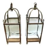 ***WITHDRAWN*** A pair of 20th Century etched glass and brass cased lanterns, brass finials and
