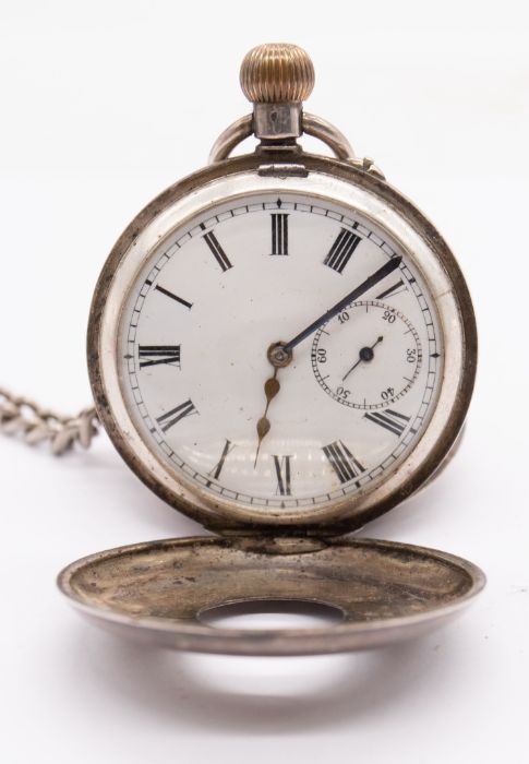 An early 20th century silver 935 half hunter pocket watch, white enamel dial and subsidiary dial, - Image 2 of 3
