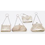 Four various George V silver purses, engraved decoration, on suspension chains, fitted interiors,