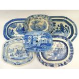 A collection of 19th or early 20th Century blue and white meat platters to include; India Temple