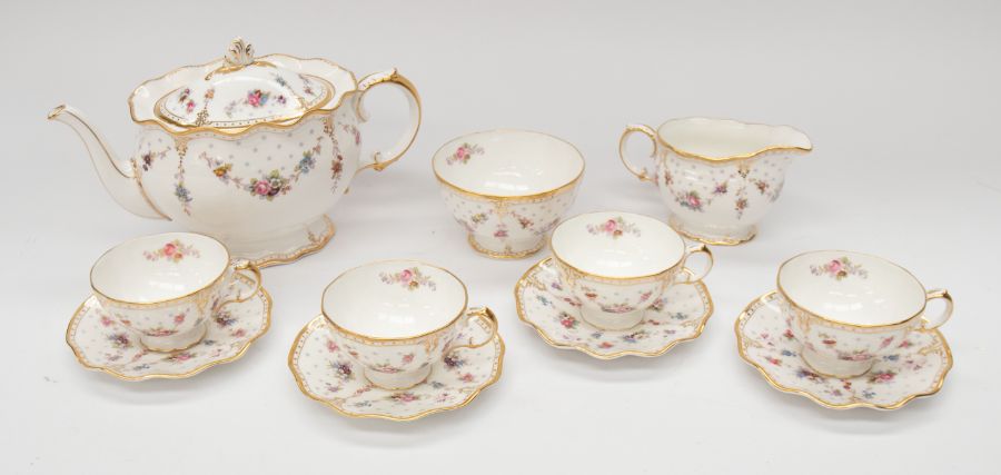 A Royal Crown Derby 'Royal Antoinette' pattern part tea service to include: teapot, milk jug,