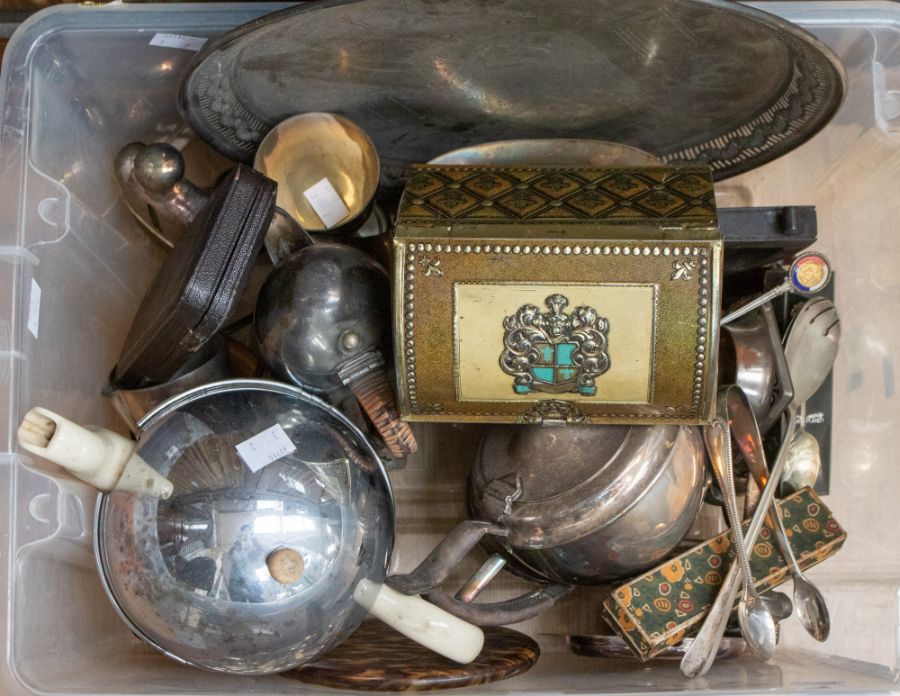 A collection of silver plated items including tea pots, tray, spoons, dish with a box of plated - Image 3 of 3