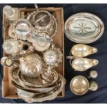 A box of silver plated items including 2 Victorian tea sets, dishes and part tantalus, sauceboats