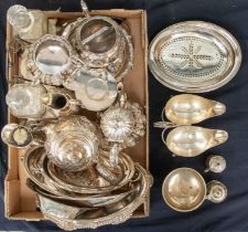 A box of silver plated items including 2 Victorian tea sets, dishes and part tantalus, sauceboats