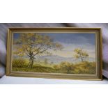 Rex Preston oil on board of a rural idyll, signed l l, 40 x 82cm, framed