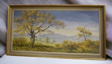 Rex Preston oil on board of a rural idyll, signed l l, 40 x 82cm, framed