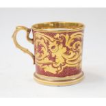 19th century porcelain mug, burgundy ground with gilt detail, c.1850