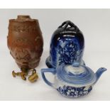 A 19th century stoneware sherry cask, a Victorian glazed blue and white cheese dish and a tea pot