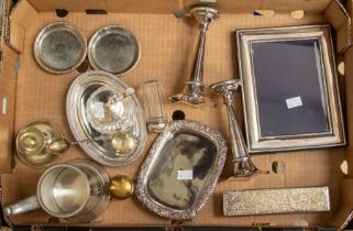 A collection of silver and plated items, i.e. silver plated photo frame, rouge pot, a modern Carrs