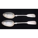 A pair of Victorian silver fiddle pattern dessert spoons, each engraved with initials, hallmarked by