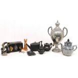 A mixed lot to include; a large British made pewter twin handled samovar, with detachable cover