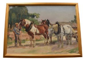 Ernst Hodel (1881-1955) Work horses with figure oil on board, 48 x 69cm signed lower right (please