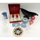 Collection of glass wares. Cut plain and coloured along with collection of Wedgwood, Jasper wares
