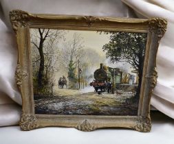 A mid 20th century oil on board of a G.W.R goods train signed E.G. Burrows, 58cm x 48cm