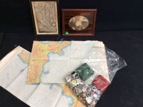 An 18th century map of Cumbria, two silk mid 20th century maps, and an Edwardian picture frame,