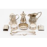 A collection of silver to include: a Charles Stuart Harris Victorian silver handled footed salt