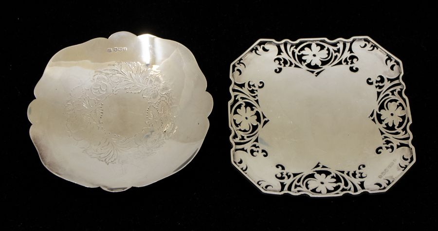 An Edwardian style silver shaped square bon bon dish, with reticulated border decoration, hallmarked