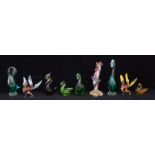 Murano glass. A collection of nine pieces, including two swans, standing rooster (comb broken),