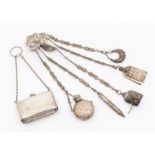 A 19th Century silver plate Chatelaine, the hook applied with Pharaoh's mask, above five chains