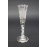 Large fluted cordial glass with a opaque twist stem, bouquet and coat of arms etched detail 19th