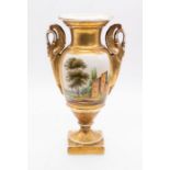 A Continental porcelain urn vase painted with tavern scene to one side and scenery to other, on