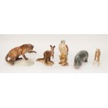 5 Beswick animal figurines, to include: a puma, hippo, kangaroo, baby camel and kestrel