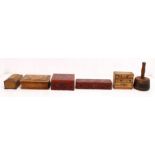 A collection of early 20th century treen boxes, lacquered boxes, 19th century mallet etc.