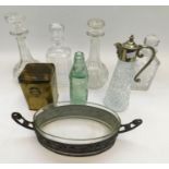 Collection of early to mid 20th century glass decanters, condiment bowl, tin and vintage pop