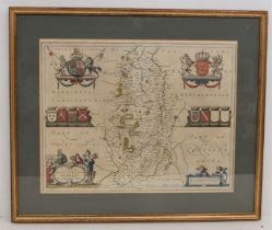 Early 17th Century Johannes Blaeu double-page map of Nottinghanshire , hand-coloured engraved map,