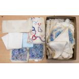 A box of napkins and Edwardian tablecloths in cotton with cotton lace trimming - two small