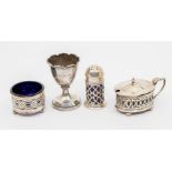 A matched early 20th Century Georgian style silver three piece condiment set comprising: mustard