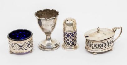 A matched early 20th Century Georgian style silver three piece condiment set comprising: mustard
