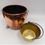 A 19th Century large copper coal scuttle and brass jam pan