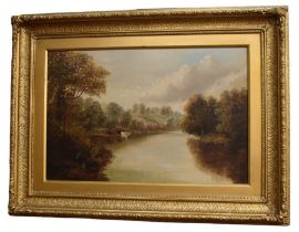 A large 19th century English School oil on canvas of cattle standing in a pond in the countryside,