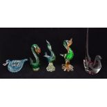 Murano glass. A collection of five pieces to include: a large purple-coloured glass bird with long