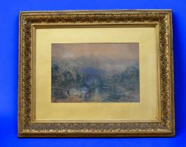 A late 19th century framed watercolour of a river scene with cattle