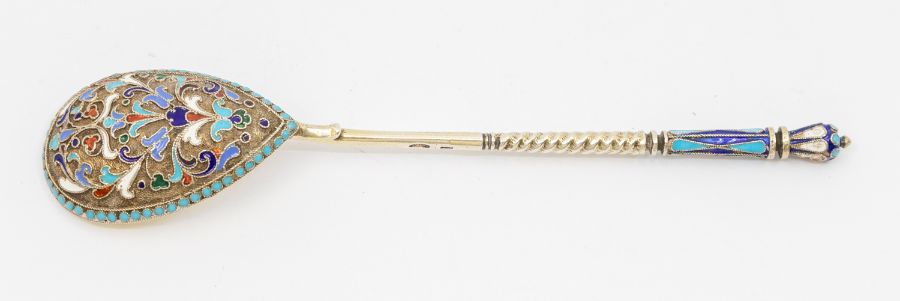A Russian silver and cloisonne enamel spoon, coronet terminal, twist stem, marked on the side, gross