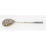 A Russian silver and cloisonne enamel spoon, coronet terminal, twist stem, marked on the side, gross