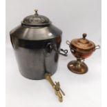 Large 19th century cast-iron and brass water pot with handle, along with smaller tabletop copperware