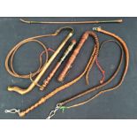 Collection of vintage horse whips, along with 19th Century Victorian hand painted truncheon