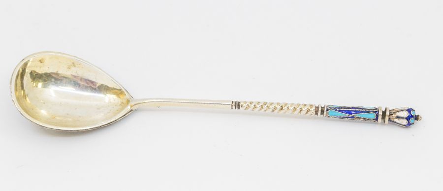 A Russian silver and cloisonne enamel spoon, coronet terminal, twist stem, marked on the side, gross - Image 2 of 4